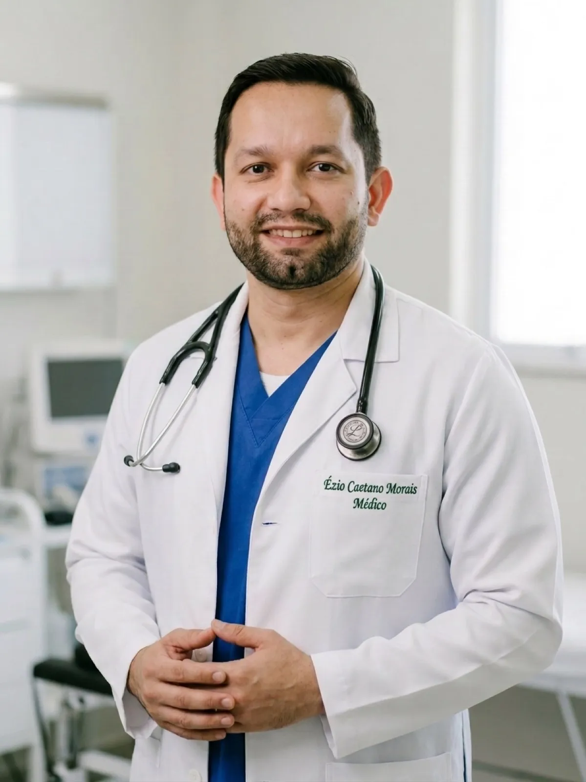 Dr. Ezio Caetano Morais, médico clínico geral, de jaleco e estetoscópio